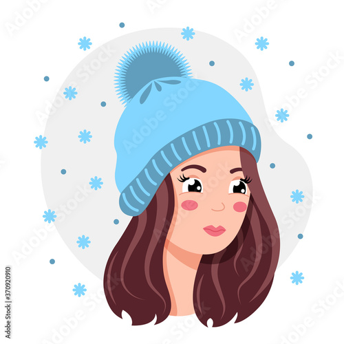 Portrait of a young woman in a blue knitted hat in winter. Flat design.