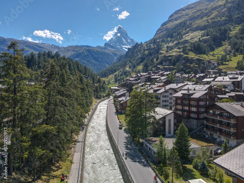 Areal view of the town of Zermatt in the Swiss alps