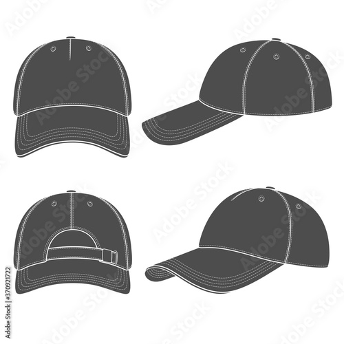 Set of black and white illustrations with a baseball cap. Isolated vector objects on white background.