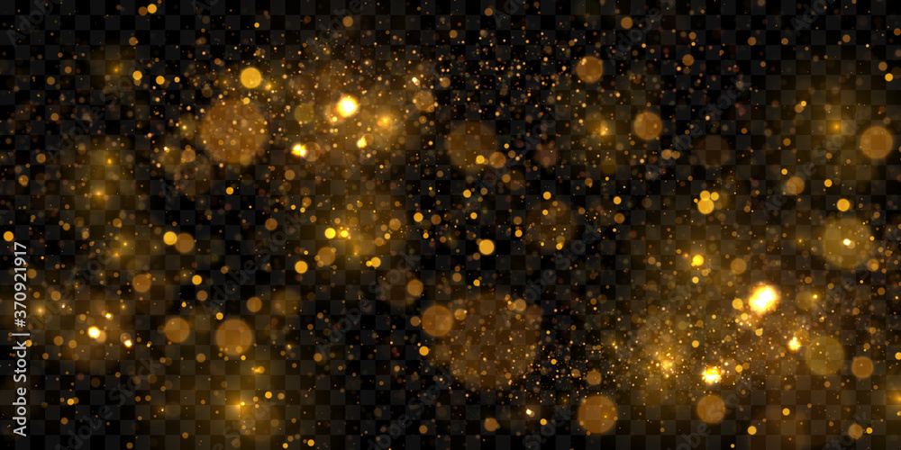Glowing golden bokeh lights effect , sparkling particles isolated on dark transparent background Glowing golden bokeh lights effect , sparkling particles isolated on dark transparent background