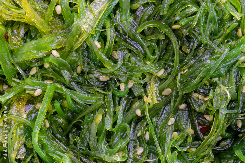 The seaweed salad with sesame seeds and red pepper in background. Top view,