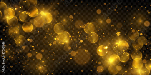 Glowing golden bokeh lights effect , sparkling particles isolated on dark transparent background 