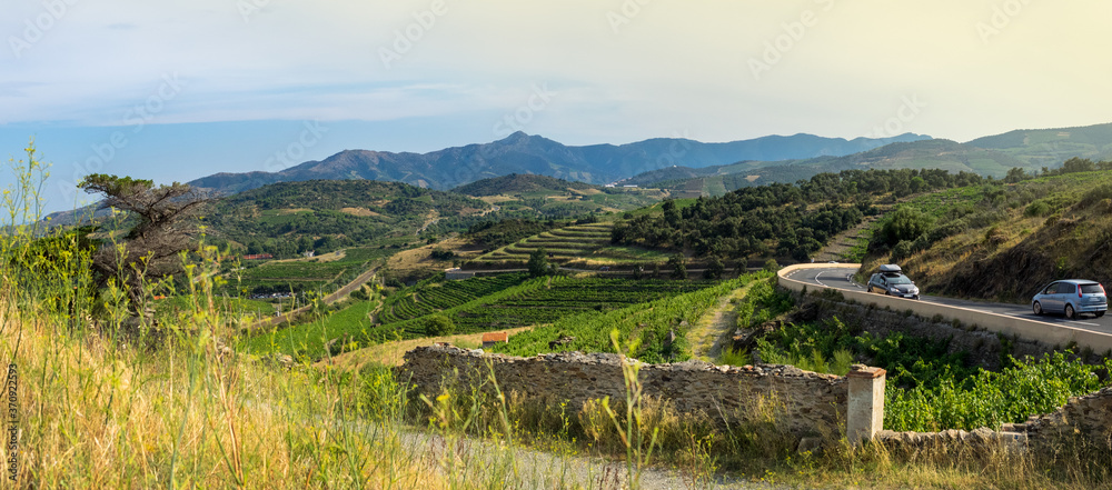 Obraz premium Travelling by car along the coastline of Mediterranean at summer on winding road over vineyards, mountain hills and the resort towns of the French Catalonia and Spain, sunset landscape.