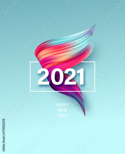 Colorful Brushstroke paint lettering calligraphy of 2021 Happy New Year background. Color flow background. Vector illustration