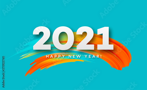 Colorful Brushstroke paint lettering calligraphy of 2021 Happy New Year background. Color flow background. Vector illustration