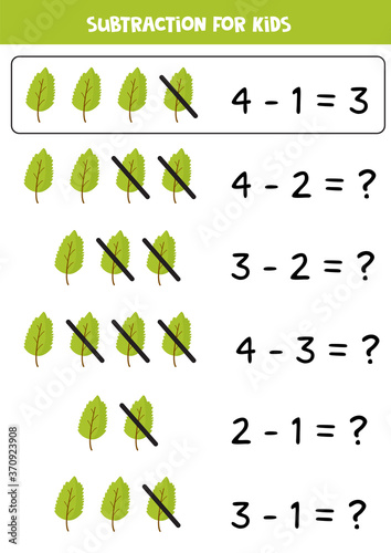 Subtraction with green leaf. Basic math for kids.