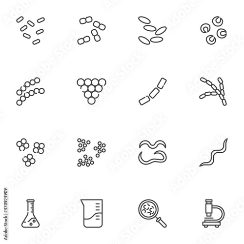 Laboratory bacteria cells line icons set, outline vector symbol collection, linear style pictogram pack. Signs, logo illustration. Set includes icons as staphylococcus, lactococcus, pneumococcus