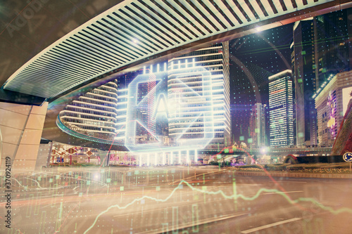 Data theme hologram drawing on city view with skyscrapers background double exposure. Ai concept.