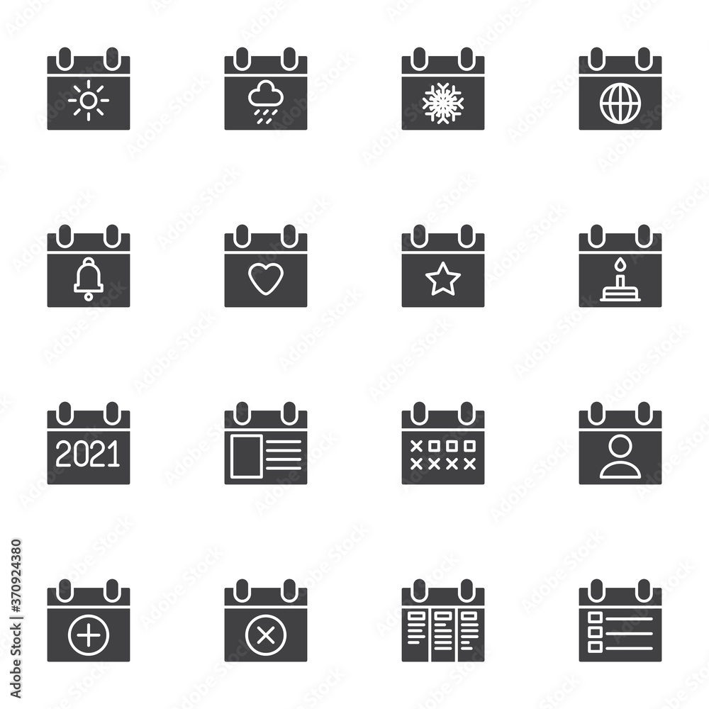 Calendar date vector icons set, modern solid symbol collection, filled style pictogram pack. Signs, logo illustration. Set includes icons as birthday calendar page, schedule reminder, agenda organizer Calendar date vector icons set, modern solid symbol collection, filled style pictogram pack. Signs, logo illustration. Set includes icons as birthday calendar page, schedule reminder, agenda organizer