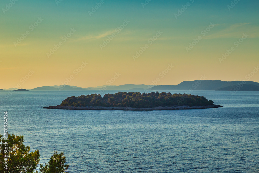 Panoramic view of Adriatic coast near Primosten town, a popular tourist destination on the Dalmatian coast of Adriatic sea in Croatia, Europe.