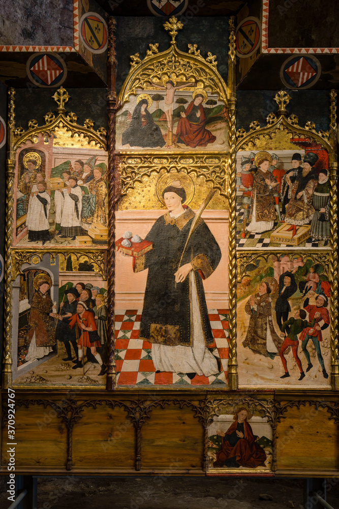 retablo de San esteban,pintura al temple sobre tabla,siglo XV, de iglesia del monasterio de San Pedro, siglos XI-XII,Siresa,valle de Hecho, pirineo aragones,Huesca,Spain