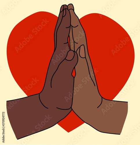 Two dark-skinned hands on a background of a red heart. A female palm is attached to the mans palm. Gestures - Tenderness and passion. Love and Valentines Day. Vector 