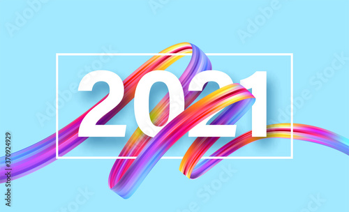 Colorful Brushstroke paint lettering calligraphy of 2021 Happy New Year background. Color flow background. Vector illustration