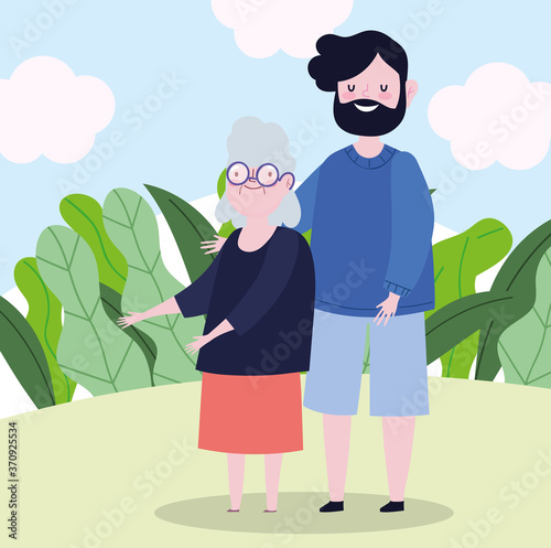 family father hugging at grandmother together cartoon character