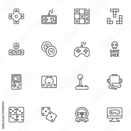Gaming and entertainment line icons set, outline vector symbol collection, linear style pictogram pack. Signs, logo illustration. Set includes icons as video game console joystick, gamepad controller
