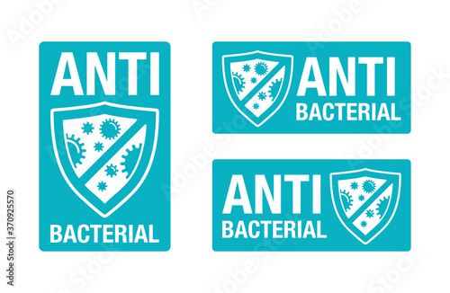 Antibacterial formula rectangular stamp - shield with crossed bacteries  - vector isolated sign for antiseptic cosmetics and medical pharmaceutical products 