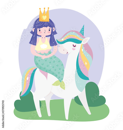 unicorn carrying mermaid rainbow hair fantasy dream cartoon