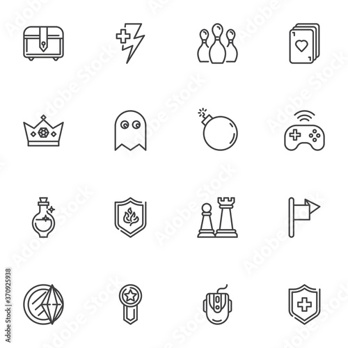 Video game line icons set, outline vector symbol collection, linear style pictogram pack. Signs, logo illustration. Set includes icons as gamepad, gaming mouse, life energy, playing card, shield, flag