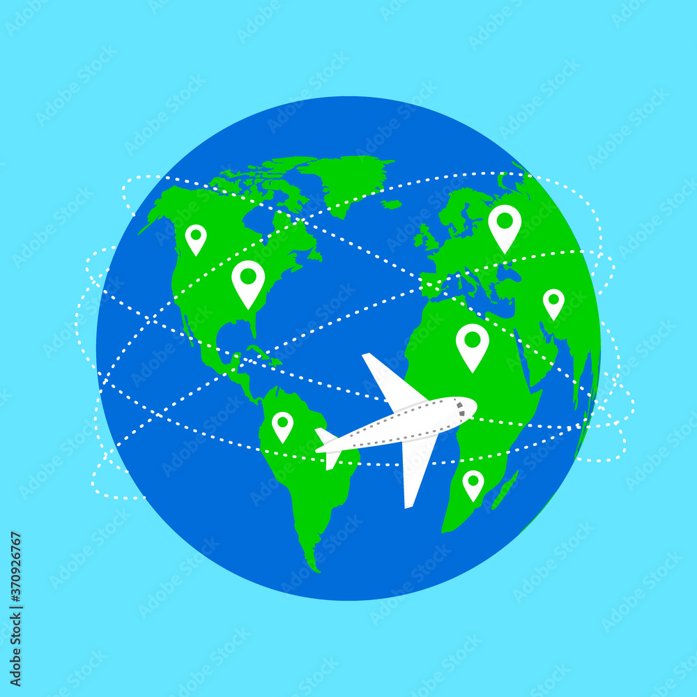 Fototapeta premium World map and plane flight. Planet and trajectory, flight path. Airplane flies and leaves dashed trail line. Love travel concept. Airplane track line. Vector illustration.