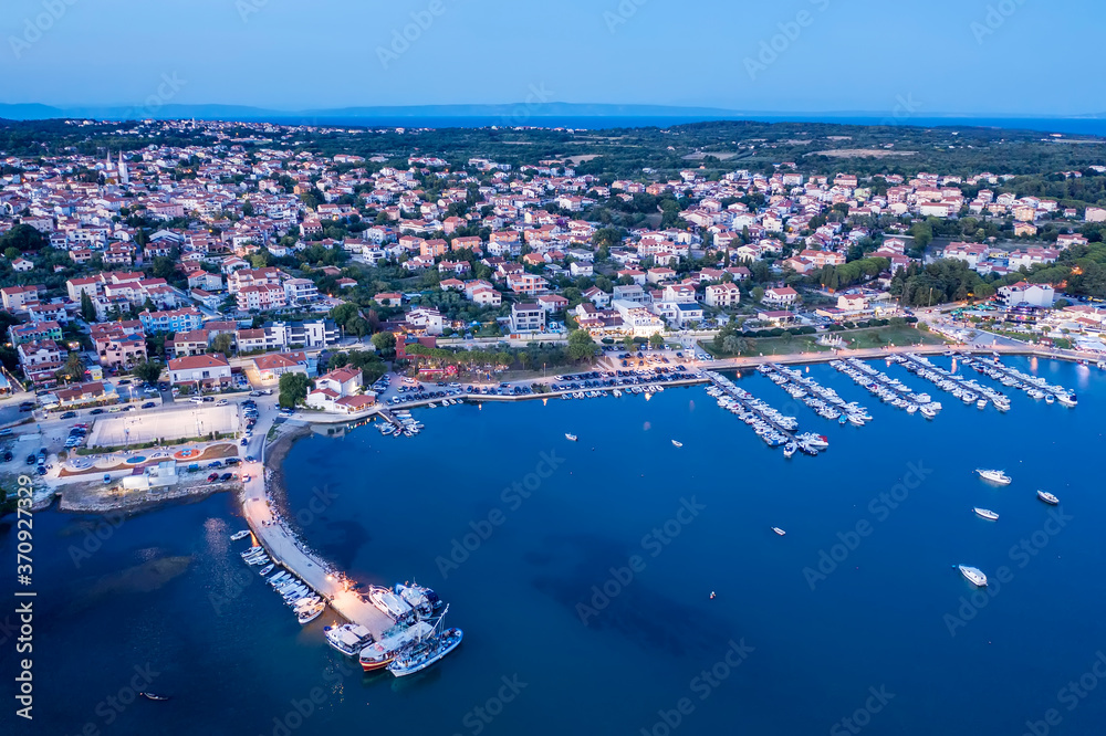 An aerial shot of Medulin port at dusk, Istria, Croatia