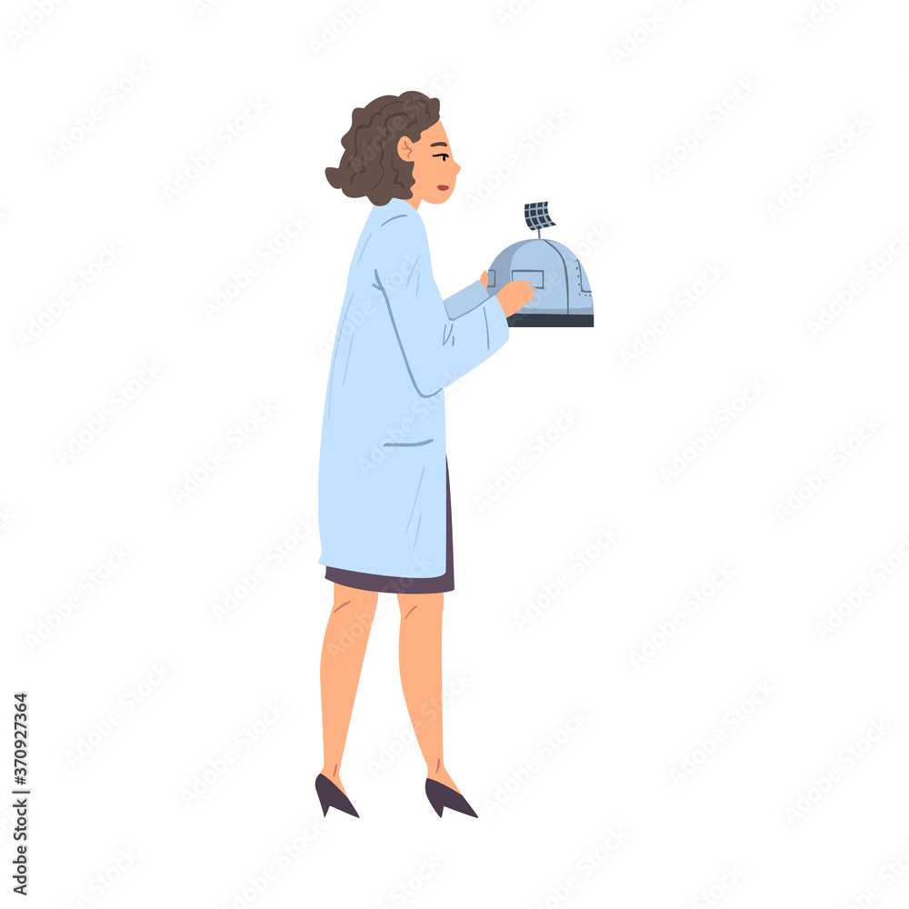 Female Scientist or Engineer in White Coat Doing Scientific Experiment with Laboratory Equipment Vector Illustration on White Background Female Scientist or Engineer in White Coat Doing Scientific Experiment with Laboratory Equipment Vector Illustration on White Background