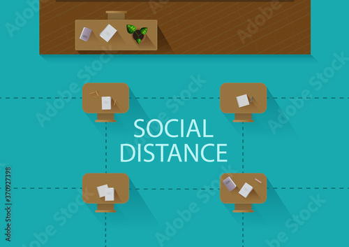 Back to school creative poster. The arrangement of desks in the classroom, taking into account the COVID pandemic and social distancing rules. Study in class