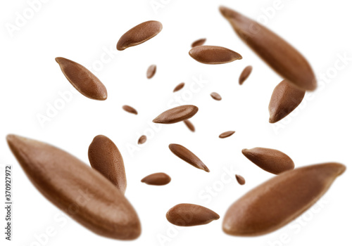 Flax seeds are levitated on a white background