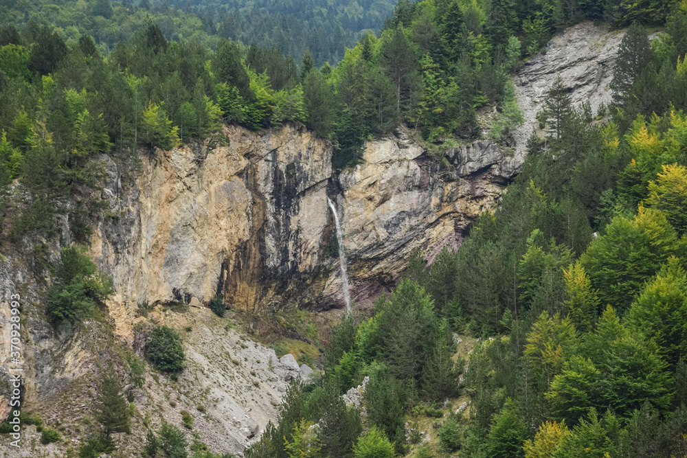 scenic mountainous landscape with vertical waterfall in Valbone nature park