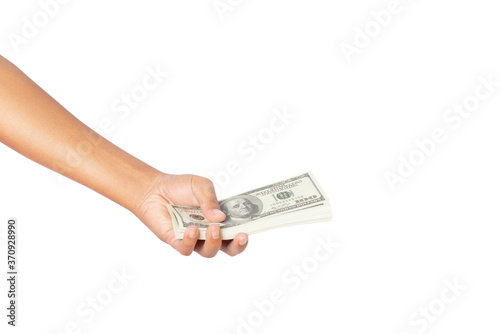 Hand holding Money US dollars isolated on white background. clipping paths