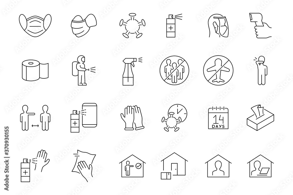 Coronavirus prevention linear icons on white background. Editable stroke