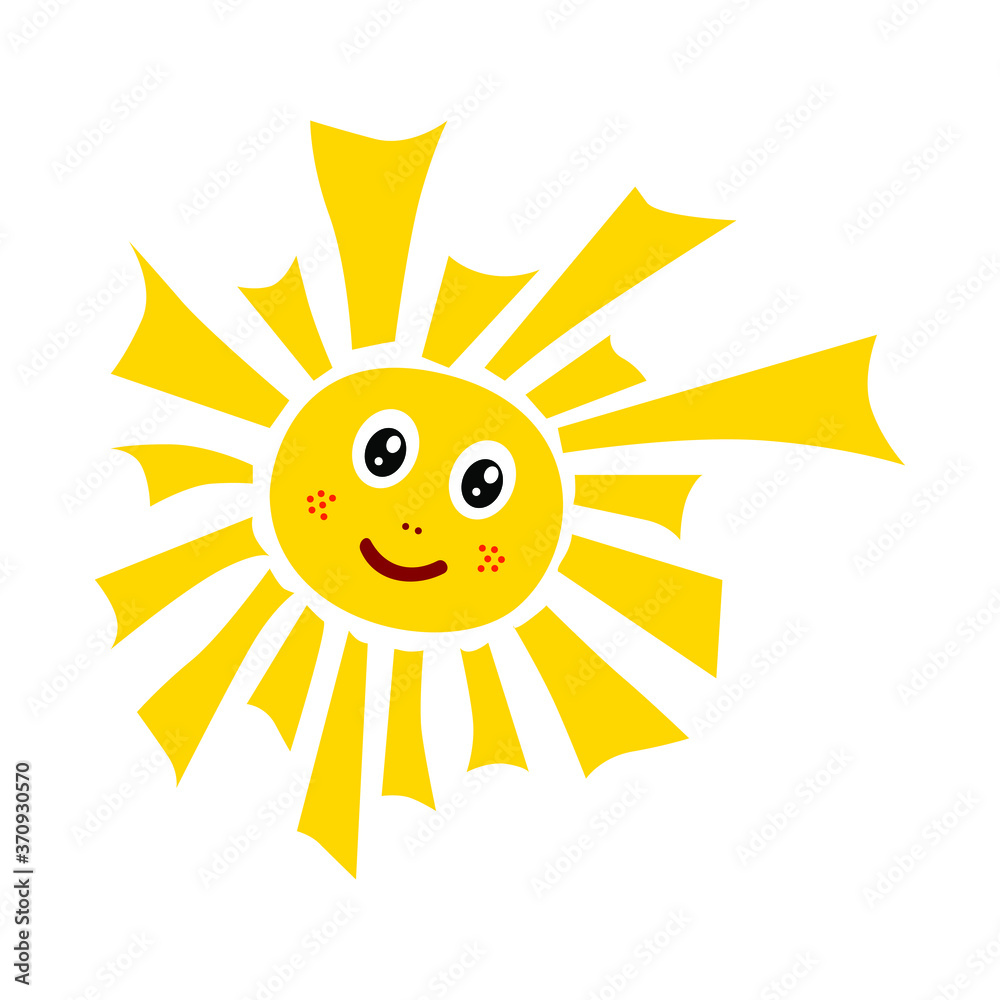 Vector drawing of a yellow cheerful sun on a white isolated background, flat style. The symbol of summer, spring, packaging design, gifts, holiday, postcard, decoration.