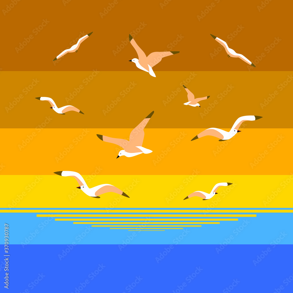 Obraz premium Vector drawing of the sunset on the background of the blue sea with flying seagulls. Great background, nature, tourism, birds.