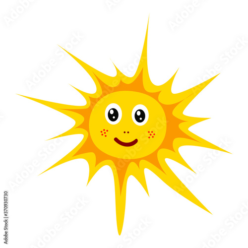 Vector drawing of a yellow cheerful sun on a white isolated background, flat style. The symbol of summer, spring, packaging design, gifts, holiday, postcard, decoration.