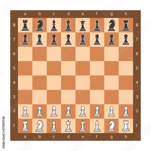 Chess board with piece setup flat clip art. Vector illustration of pawn, knight, queen, bishop, horse, rook. Wooden chessboard icon