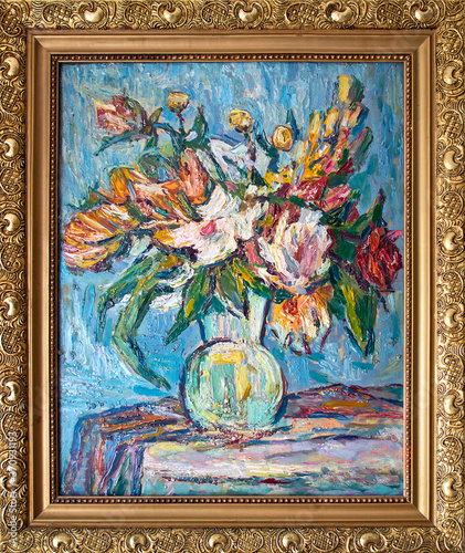 Still Life with Flowers in a Vase. Oil painting.