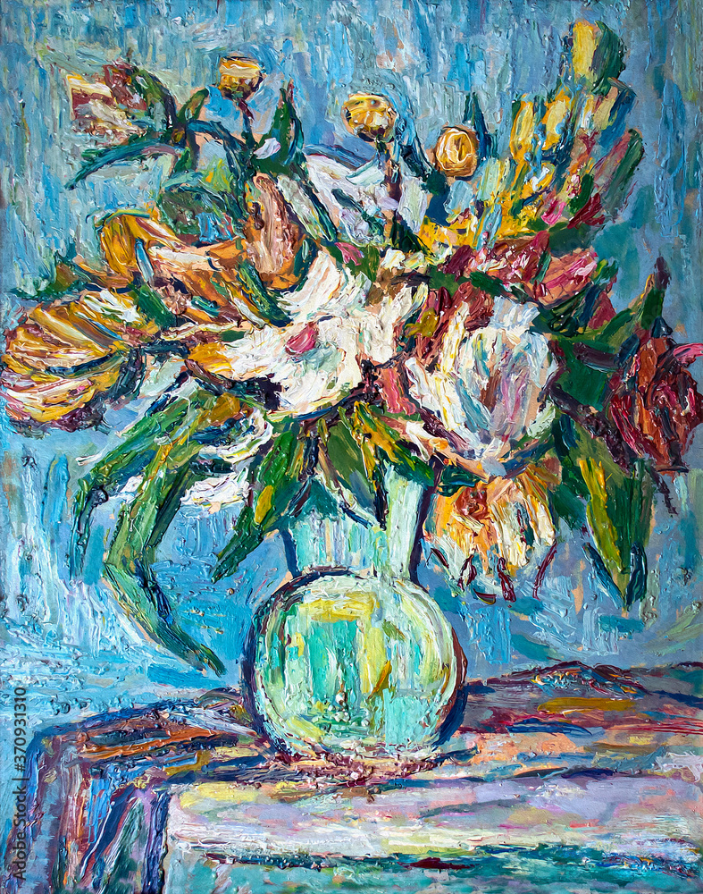 Still Life with Flowers in a Vase. Oil painting.