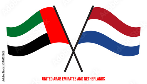 United Arab Emirates and Netherlands Flags Crossed And Waving Flat Style. Official Proportion.