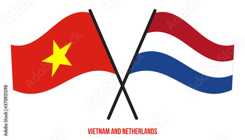 Vietnam and Netherlands Flags Crossed And Waving Flat Style. Official Proportion. Correct Colors.