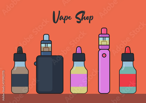 Set of various electronic cigarettes and flavored liquids. vector illustration