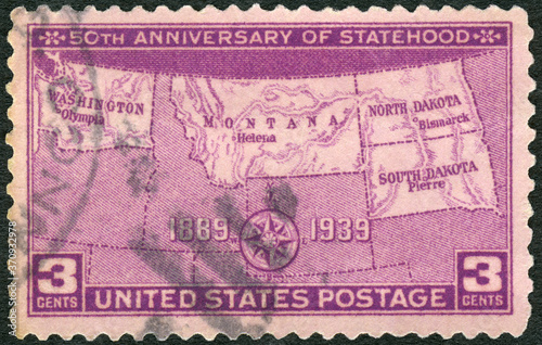 USA - 1939: shows Map of North and South Dakota, Montana and Washington, 50th Anniversary of Statehood Issue, 1939