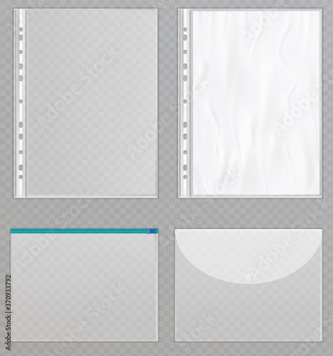 Vector transparent plastic files. Cellophane folders to protect documents