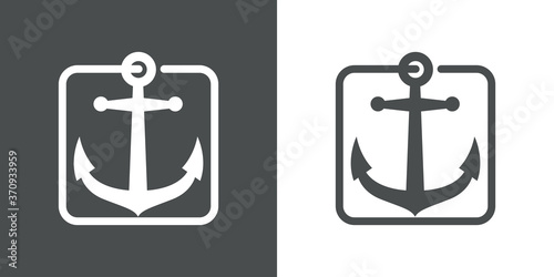 Logotipo estilo nautical. Icono plano ancla en cuadrado lineal como cuerda en fondo gris y blanco