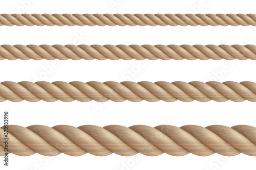 Set, 3d realistic marine cord. Twisted ropes isolated on white background. Hemp or jute nautical hawser. Vector illustration.
