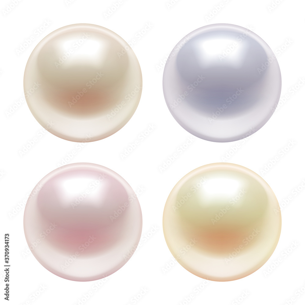 3d realistic vector illustration. Set of sea pearls different color, isolated on white background. 3d realistic vector illustration. Set of sea pearls different color, isolated on white background.