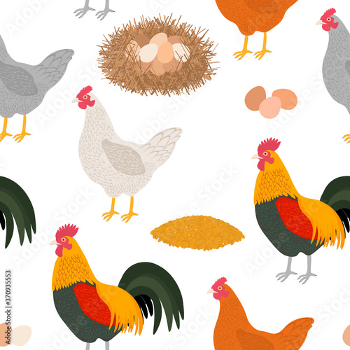 Seamless pattern chicken rooster chickens feed nest eggs grass vector illustration