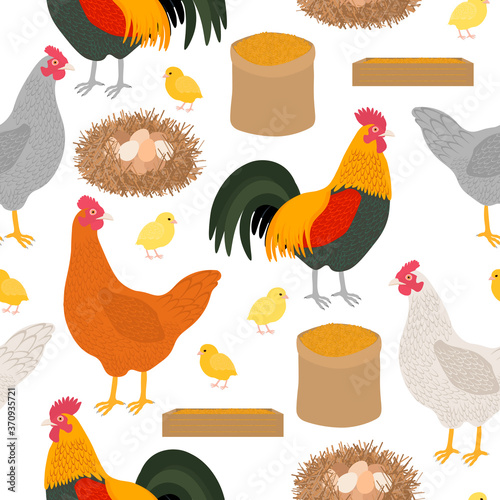 Seamless pattern chicken rooster chickens feed nest eggs grass vector illustration