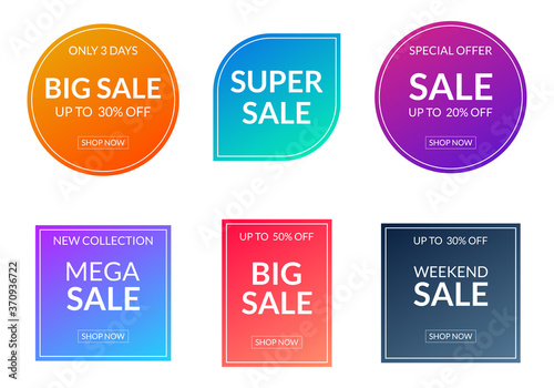 Sale sticker or label set. Price off tag and badge collection with colorful gradient. Discount and promotion icons. Vector illustration.