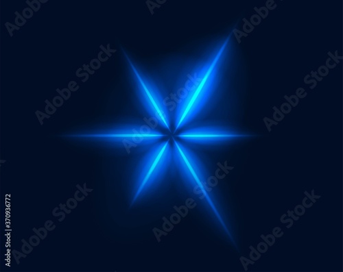 Abstract flower flash glowing geometric burst star pattern neon blue rays vector transparent, glitter magical optical light effect element design isolated, beam shine realistic clipart on dark color