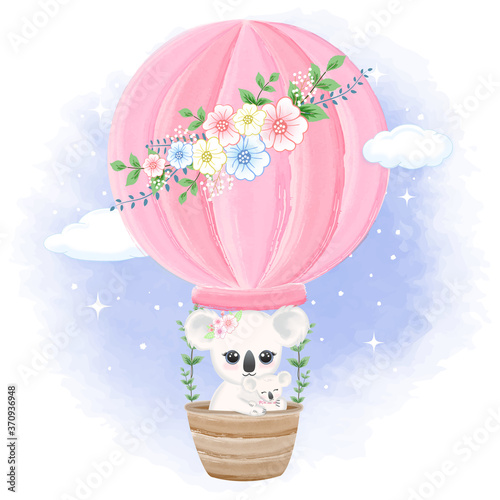 Canvas Print Baby Koala and mother on hot air balloon hand drawn cartoon animal illustration