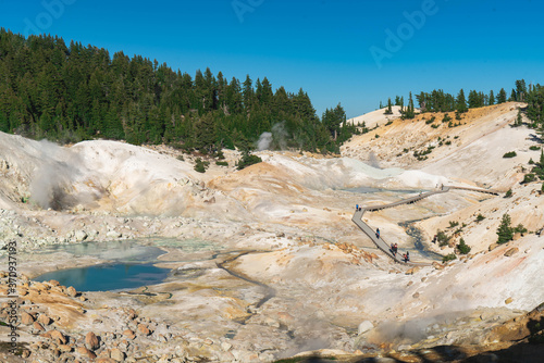 Lassen Volcanic National Park. Rocky trail with grand vistas descends to a boardwalk through Lassen's largest hydrothermal area. Trailhead at Bumpass Hell Parking area.